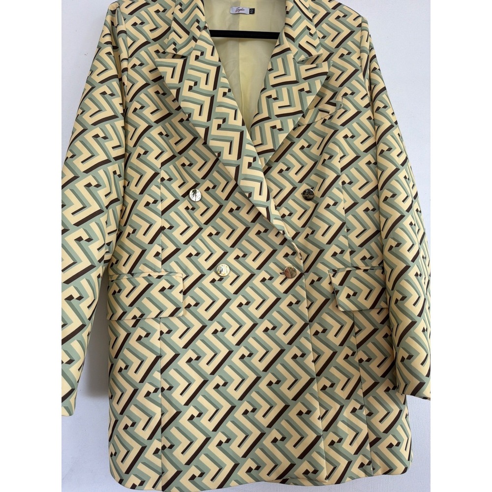Sophie Men Geometric Maze Print Double Breasted Blazer Yellow Green Size 40